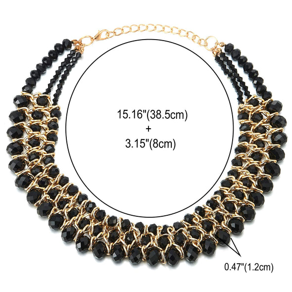 Statement Necklace Black Faceted Crystal Beads String Gold Braided Chain Pendant - COOLSTEELANDBEYOND Jewelry