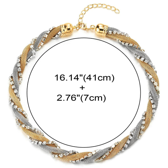 Statement Necklace Braided Silver Gold Wire Cubic Zirconia Chain Choker Collar, Dress Banquet - COOLSTEELANDBEYOND Jewelry