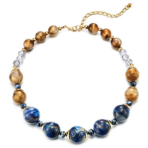 Statement Necklace Journey Gold Blue Resin Beads Crystal String, Adjustable, Party Event Dress - coolsteelandbeyond