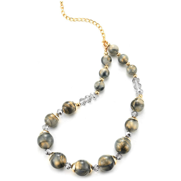 Statement Necklace Journey Gold Grey Resin Beads Crystal String, Gold Chain Adjustable, Party - coolsteelandbeyond