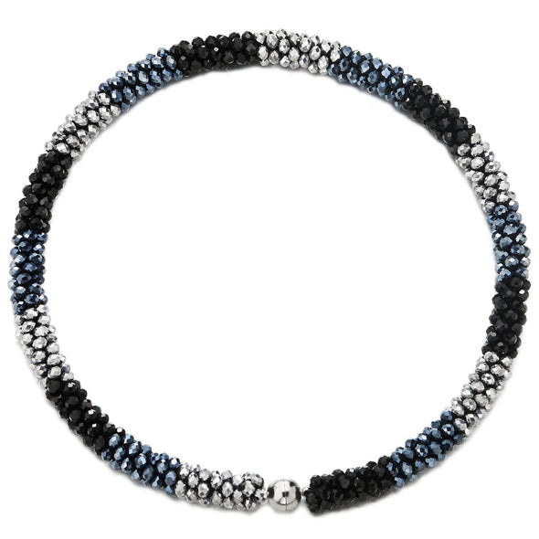 Statement Necklace Silver Blue Black Beads Crystal Braided Chain Choker Collar Magnetic Clasp - COOLSTEELANDBEYOND Jewelry