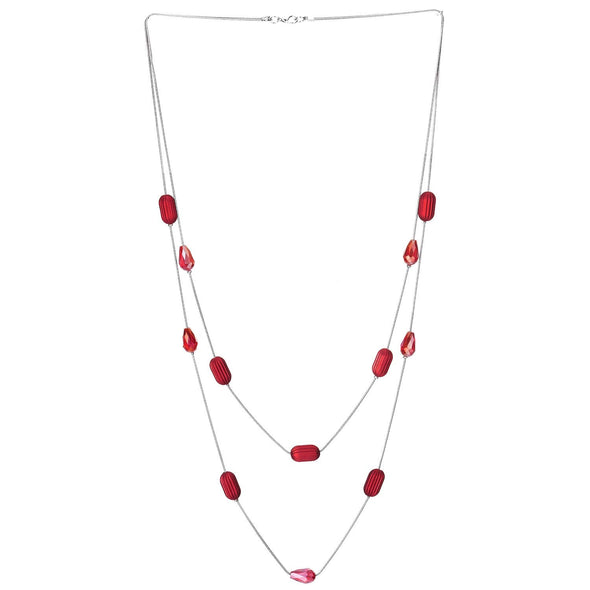 Statement Necklace Two-strand Long Chains with Red Teardrop Crystal Beads Grooved Oval Beads Charms
