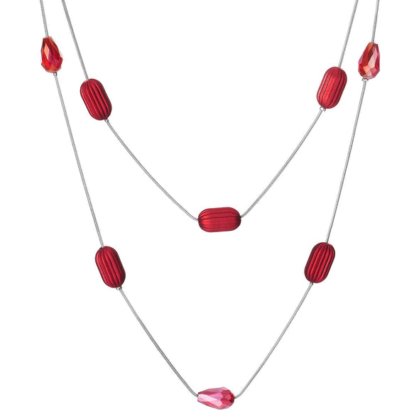 Statement Necklace Two-strand Long Chains with Red Teardrop Crystal Beads Grooved Oval Beads Charms