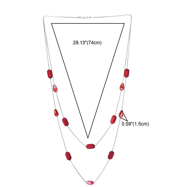Statement Necklace Two-strand Long Chains with Red Teardrop Crystal Beads Grooved Oval Beads Charms