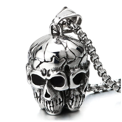 Steel All-around 4 Skull Faces Pendant Necklace for Men, High Polished, 23.6 Inches Wheat Chain - COOLSTEELANDBEYOND Jewelry