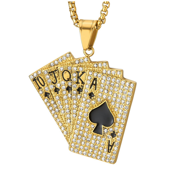 Steel Gold Color Ace Card Poker Spade Sequence Pendant with Cubic Zirconia Necklace for Man Women - COOLSTEELANDBEYOND Jewelry