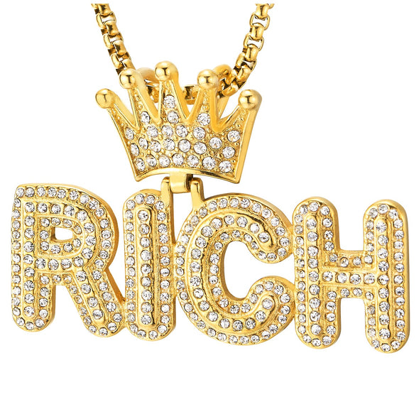 Steel Gold Color Hip Hop Punk Crown Rich Pendant with Cubic Zirconia Necklace for Men Women - COOLSTEELANDBEYOND Jewelry