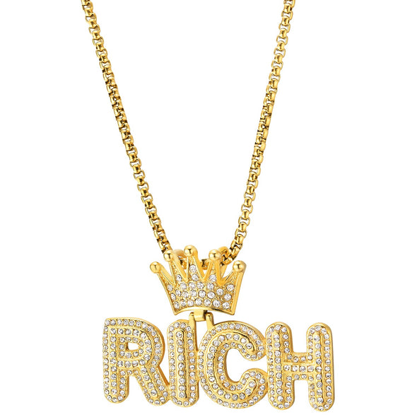 Steel Gold Color Hip Hop Punk Crown Rich Pendant with Cubic Zirconia Necklace for Men Women - COOLSTEELANDBEYOND Jewelry