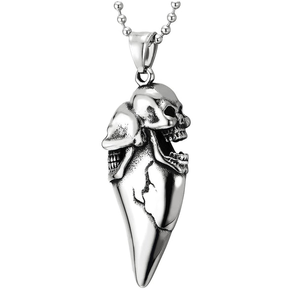 Steel Men Women Gothic Vintage Tooth Tusk Horn Two Skulls Pendant Necklace with 30 Inches Ball Chain - COOLSTEELANDBEYOND Jewelry