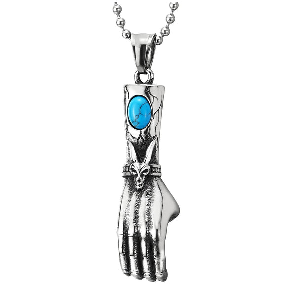 Steel Mens Vintage Hand Glove Pendant Necklace with Goat Head, Oval Gem Stone Turquoise, 30 in Chain - COOLSTEELANDBEYOND Jewelry