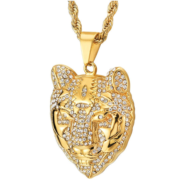 Steel Mens Women Gold Color Tiger Leopard Head Pendant Necklace with Cubic Zirconia 30 in Rope Chain