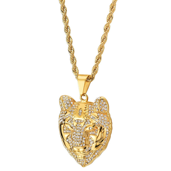 Steel Mens Women Gold Color Tiger Leopard Head Pendant Necklace with Cubic Zirconia 30 in Rope Chain
