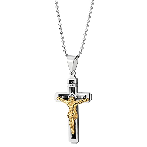 Steel Mens Women Silver Gold INRI Jesus Christ Crucifix Cross Pendant Necklace Black Enamel Stripes - COOLSTEELANDBEYOND Jewelry