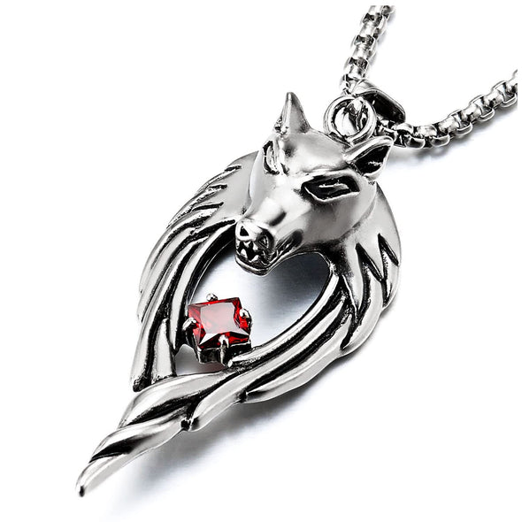 Steel Mens Women Wolf and Wings Pendant Necklace with Red Cubic Zirconia, 30 inches Steel Chain - COOLSTEELANDBEYOND Jewelry