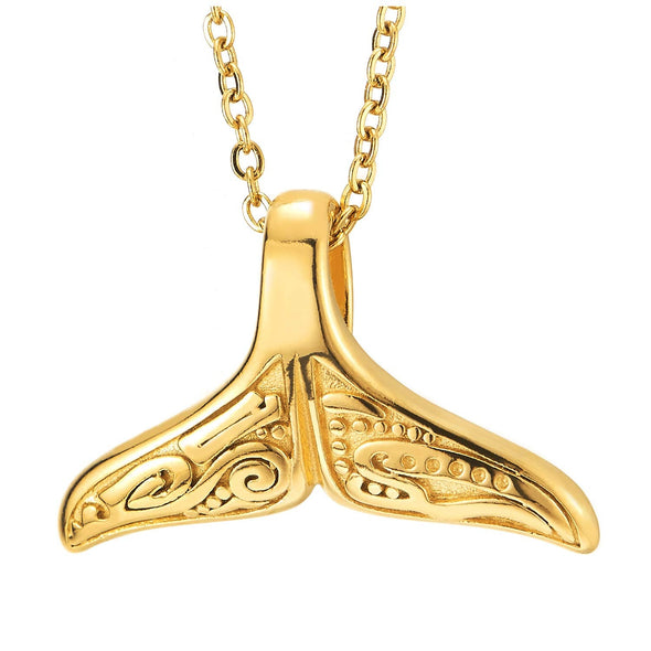 Steel Mens Womens Gold Color Whale Dolphin Tail Pendant Necklace with Tribal Swirl Dotted Patterns