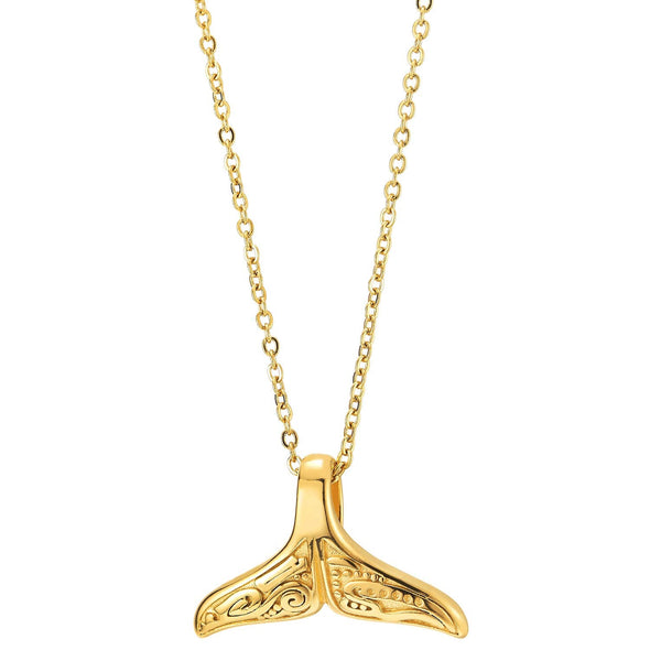 Steel Mens Womens Gold Color Whale Dolphin Tail Pendant Necklace with Tribal Swirl Dotted Patterns