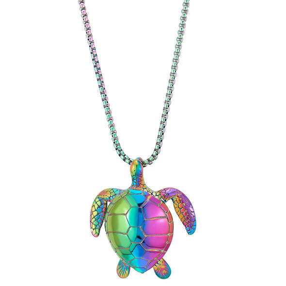 Steel Mens Womens Oxidized Rainbow Sea Turtle Tortoise Pendant Necklace 30 inches Chain, Animal Love - COOLSTEELANDBEYOND Jewelry