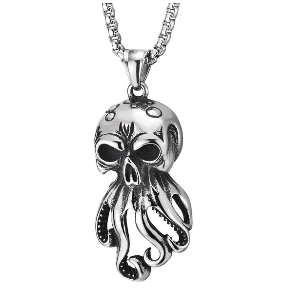 Steel Mens Womens Vintage Octopus Skull Pendant Necklace with 30 inches Wheat Chain, Gothic Punk - coolsteelandbeyond