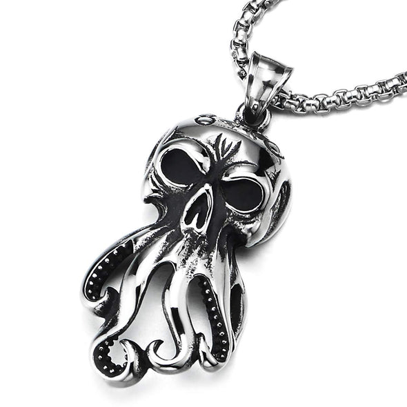 Steel Mens Womens Vintage Octopus Skull Pendant Necklace with 30 inches Wheat Chain, Gothic Punk - coolsteelandbeyond