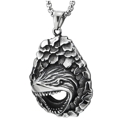 Steel Mens Womens Vintage Scales Sharp Teeth Roaring Shark Head Pendant Necklace, 30 in Wheat Chain - COOLSTEELANDBEYOND Jewelry