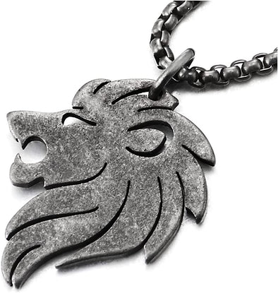 Steel Oxidized Old Metal Finishing Lion Pendant Necklace for Men Women, 21 inches Wheat Chain - COOLSTEELANDBEYOND Jewelry