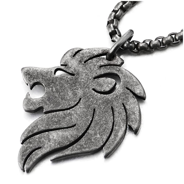 Steel Oxidized Old Metal Finishing Lion Pendant Necklace for Men Women, 21 inches Wheat Chain - COOLSTEELANDBEYOND Jewelry