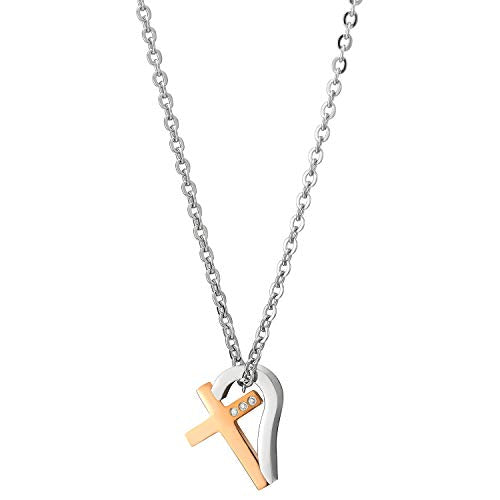 Steel Rose Gold Cross Silver Half Heart Pendant Necklace with Cubic Zirconia, 20 Inches Rope Chain - coolsteelandbeyond