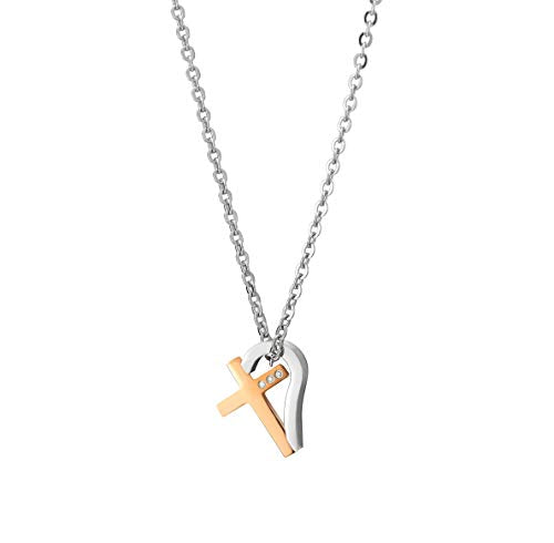 Steel Rose Gold Cross Silver Half Heart Pendant Necklace with Cubic Zirconia, 20 Inches Rope Chain - coolsteelandbeyond