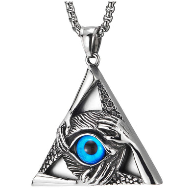 Steel Vintage Evil Eye Protection Hands Triangle Pendant Necklace for Men Women 30 Inch Wheat Chain