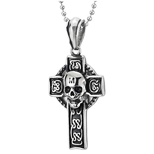Steel Vintage Gothic Skull Circle Cross Pendant Necklace Tribal Tattoo Graphic, 30 inches Ball Chain