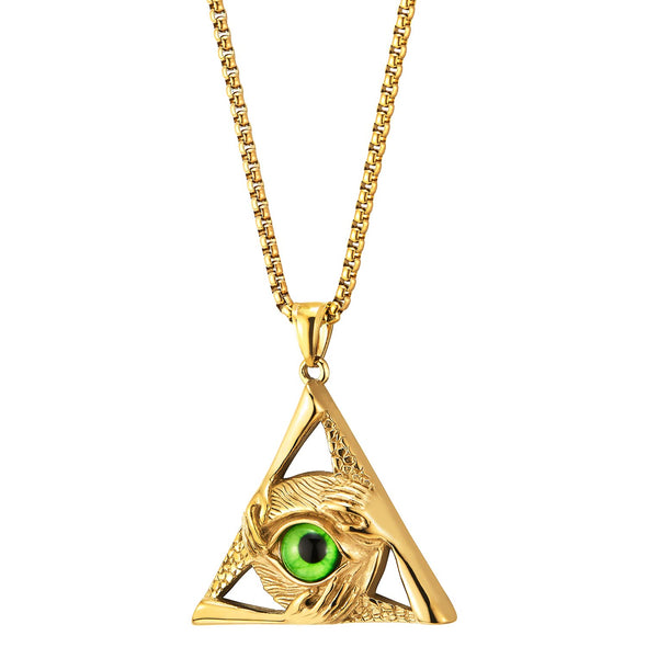Steel Vintage Green Evil Eye Protection Hands Gold Triangle Pendant Necklace Men Women 28 Inch Chain - COOLSTEELANDBEYOND Jewelry