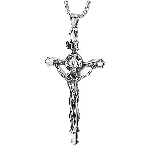 Steel Vintage Jesus Christ Crucifix INRI Cross Pendant Necklace for Men, 30 inches Wheat Chain