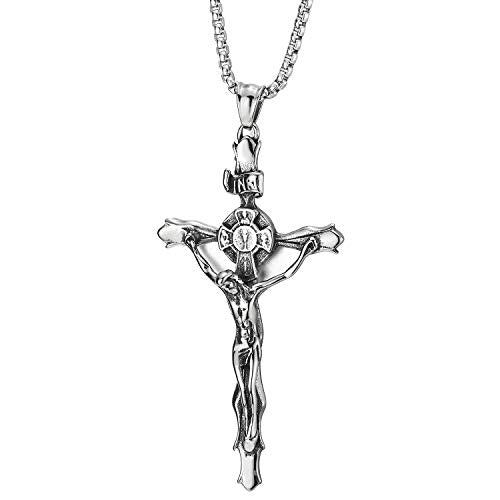 Steel Vintage Jesus Christ Crucifix INRI Cross Pendant Necklace for Men, 30 inches Wheat Chain