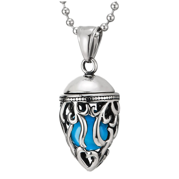 Steel Vintage Pinecone Filigree Screw-off Locket Pendant with Blue Cat Eye Bead, Necklace Men Women - COOLSTEELANDBEYOND Jewelry