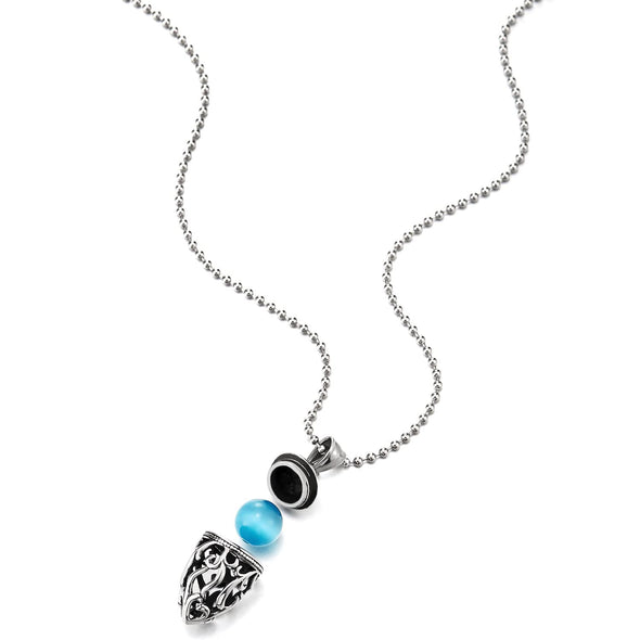 Steel Vintage Pinecone Filigree Screw-off Locket Pendant with Blue Cat Eye Bead, Necklace Men Women - COOLSTEELANDBEYOND Jewelry