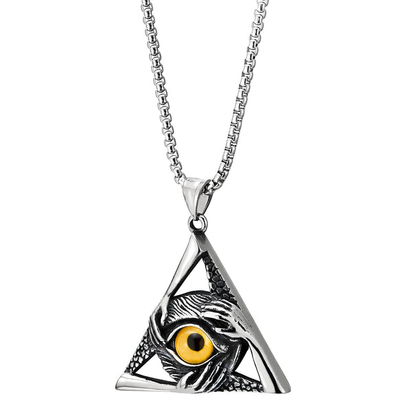 Steel Vintage Yellow Evil Eye Protection Hands Triangle Pendant Necklace for Men Women 30 Wheat Chain - COOLSTEELANDBEYOND Jewelry