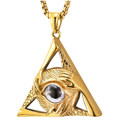 Steel White Evil Eye Protection Hands Gold Triangle Pendant Necklace Men Women 28 In Wheat Chain