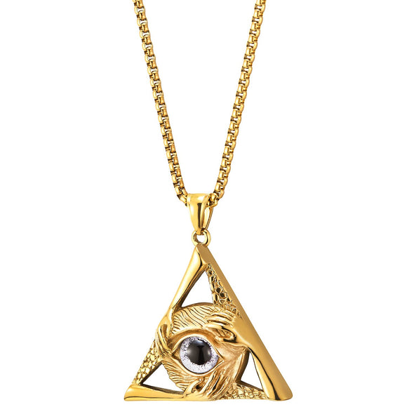 Steel White Evil Eye Protection Hands Gold Triangle Pendant Necklace Men Women 28 In Wheat Chain - COOLSTEELANDBEYOND Jewelry