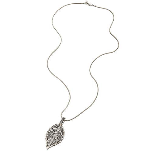 Stylish Statement Necklace Leaf Pendant with Grey Rhinestones, Long Chain, Party Event Dress Prom - coolsteelandbeyond
