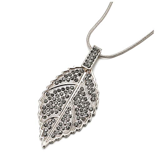 Stylish Statement Necklace Leaf Pendant with Grey Rhinestones, Long Chain, Party Event Dress Prom - coolsteelandbeyond