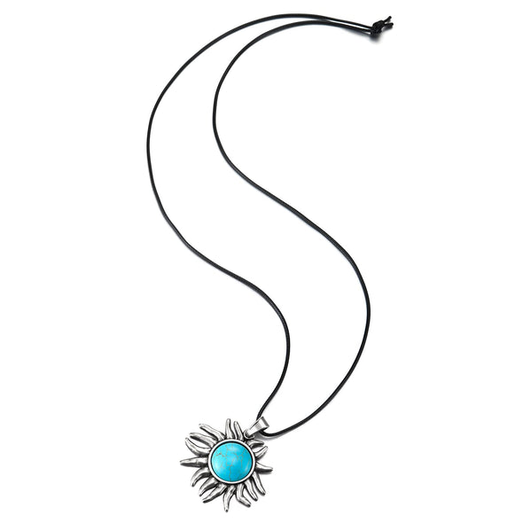 Sunflower Sunray Statement Necklace Pendant with Circle of Turquoise, Long Rope Strap, Party Event - COOLSTEELANDBEYOND Jewelry