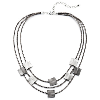 Three-strand Bib Choker Collar Statement Necklace with Grey Silver Square Charms Pendant, Dress - COOLSTEELANDBEYOND Jewelry