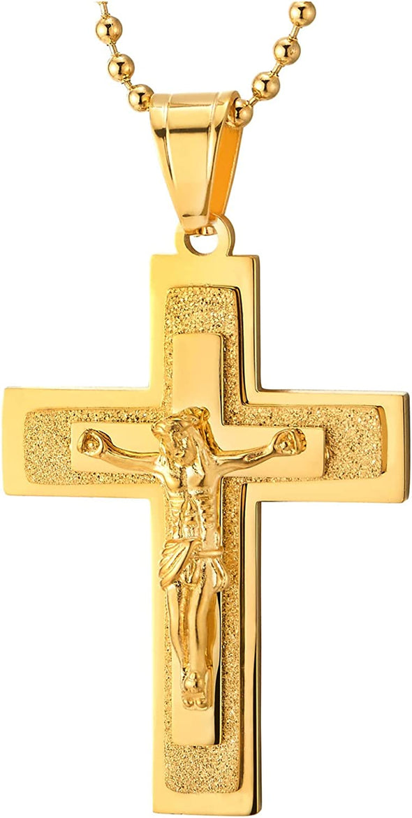Tri-Layer Stainless Steel Gold Color Jesus Christ Crucifix Cross Pendant Necklace Men Women - COOLSTEELANDBEYOND Jewelry