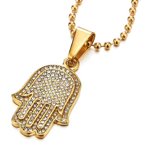 Two-Layers Mens Womens Hamsa Hand of Fatima Pendant Necklace Steel with Cubic Zirconia