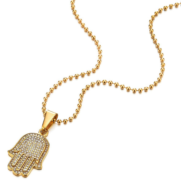 Two-Layers Mens Womens Hamsa Hand of Fatima Pendant Necklace Steel with Cubic Zirconia
