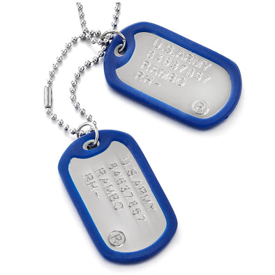 Two-Pieces Mens Military Army Dog Tag with Blue Silicone Pendant Necklace, 28 inches Ball Chain - COOLSTEELANDBEYOND Jewelry