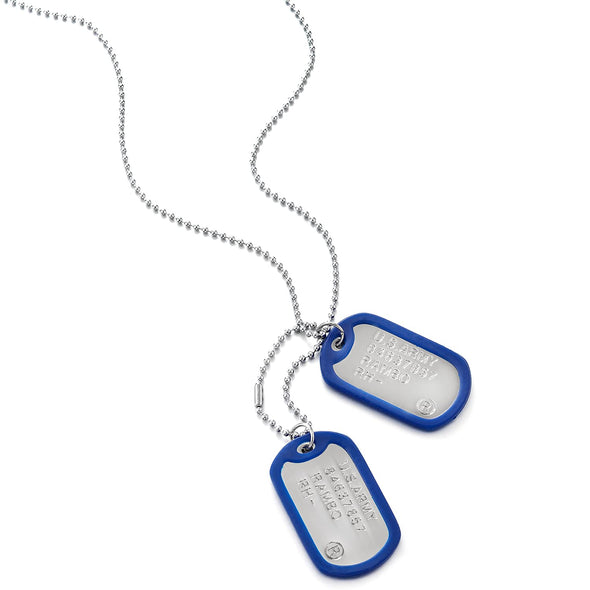 Two-Pieces Mens Military Army Dog Tag with Blue Silicone Pendant Necklace, 28 inches Ball Chain - COOLSTEELANDBEYOND Jewelry