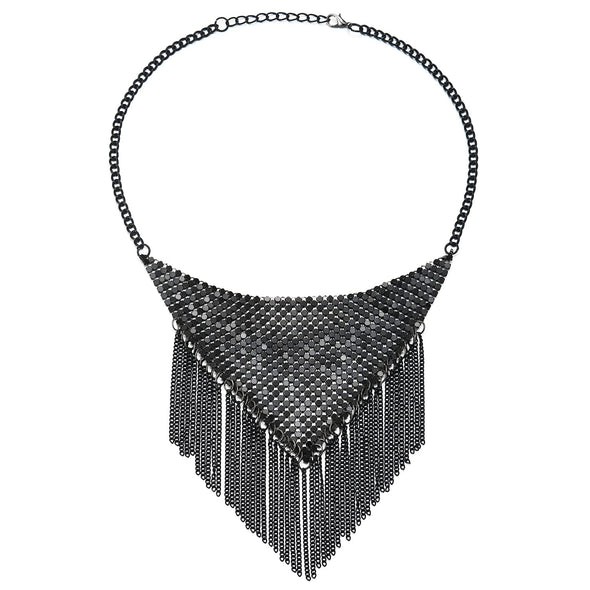 Unique Hipster Grey Black Statement Triangle Bib Collar Necklace with Dangling Chains Tassel - COOLSTEELANDBEYOND Jewelry