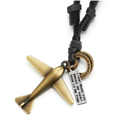 Unisex Vintage Airplane Pendant Necklace for Men Women with Adjustable Leather Cord - COOLSTEELANDBEYOND Jewelry