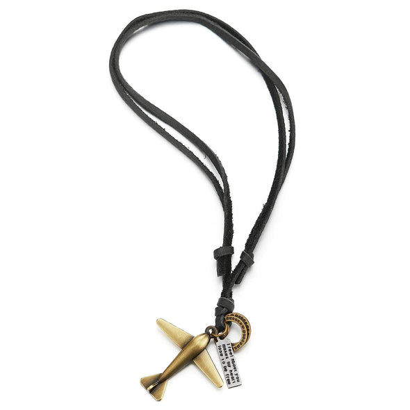 Unisex Vintage Airplane Pendant Necklace for Men Women with Adjustable Leather Cord - COOLSTEELANDBEYOND Jewelry